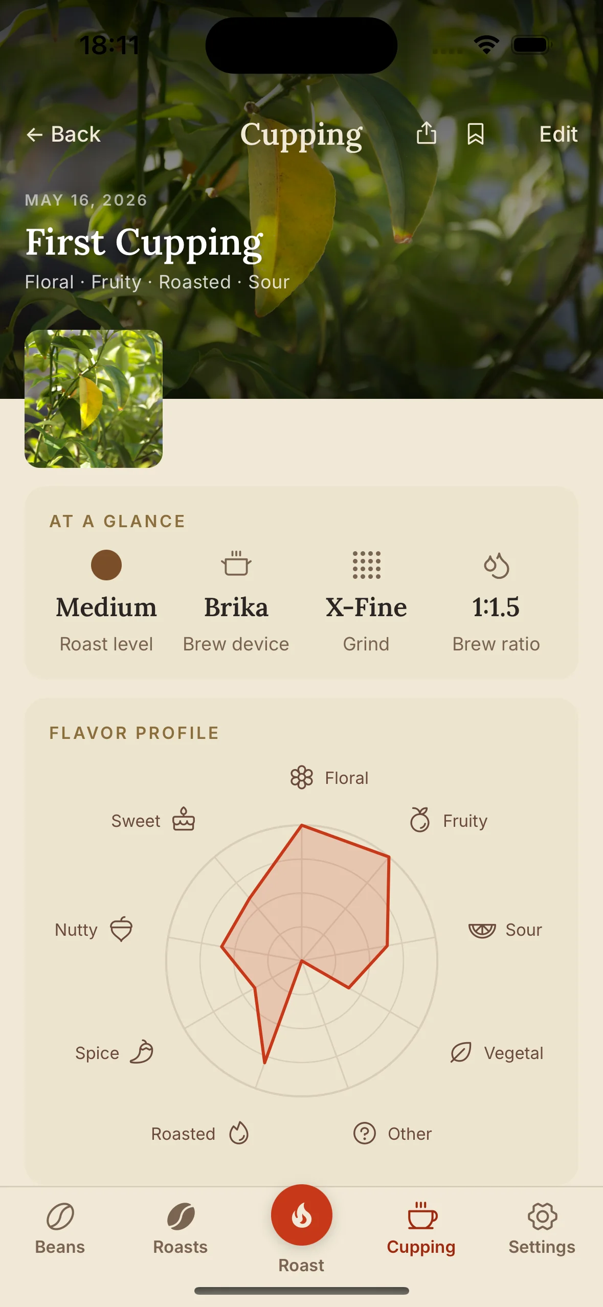 Cupping detail screen with interactive flavor wheel, brew method, and tasting notes