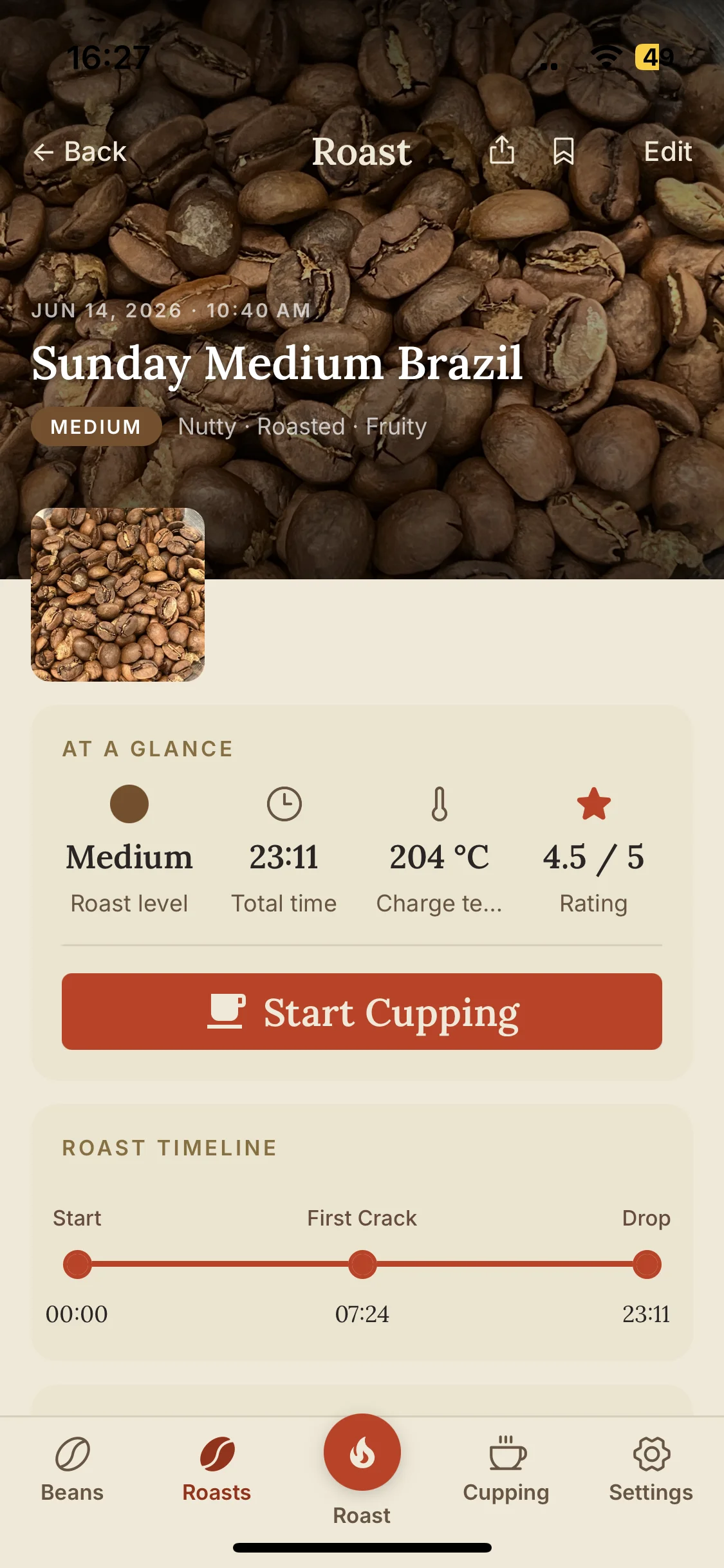 Roast journal entry showing session details, event log, and tasting notes