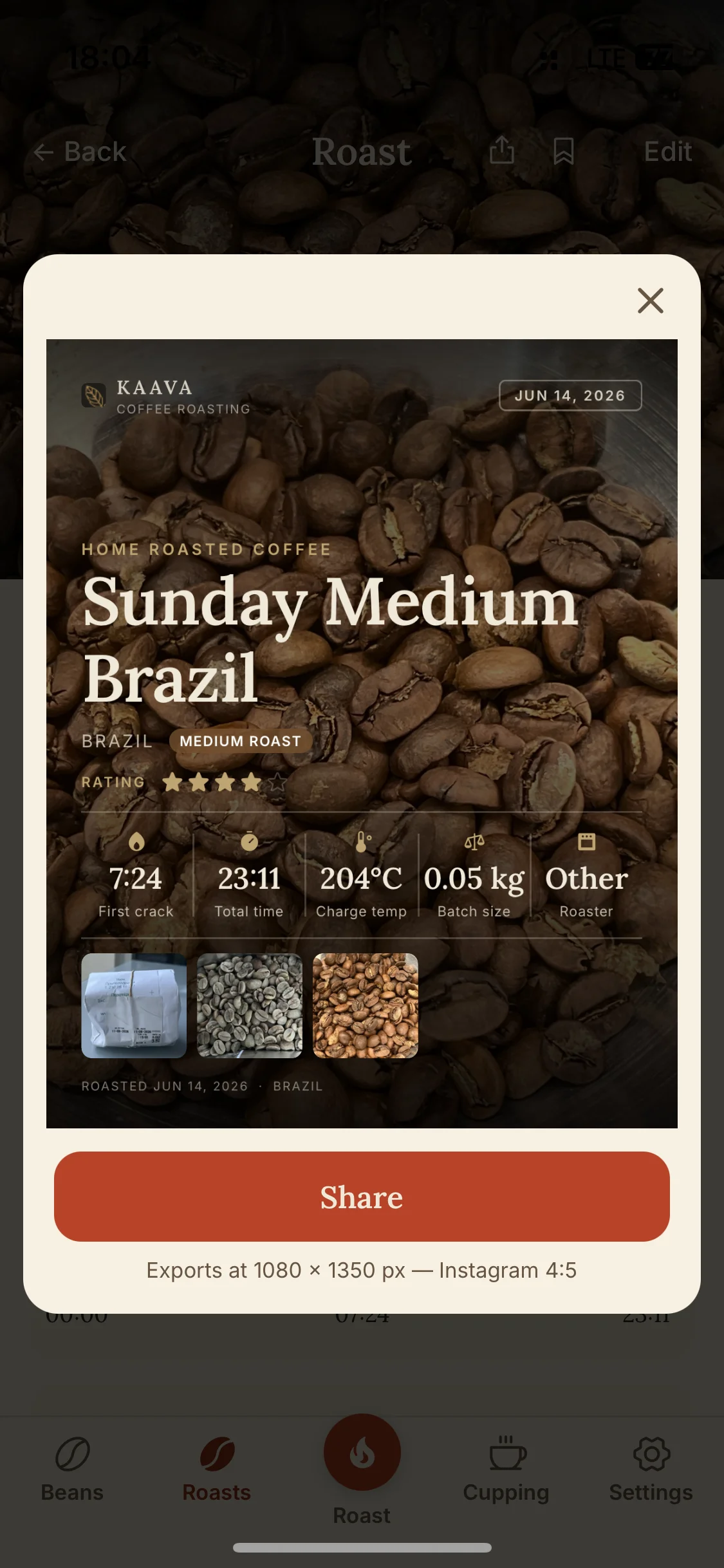 Share card showing roast statistics, flavor profile, and photos ready to post