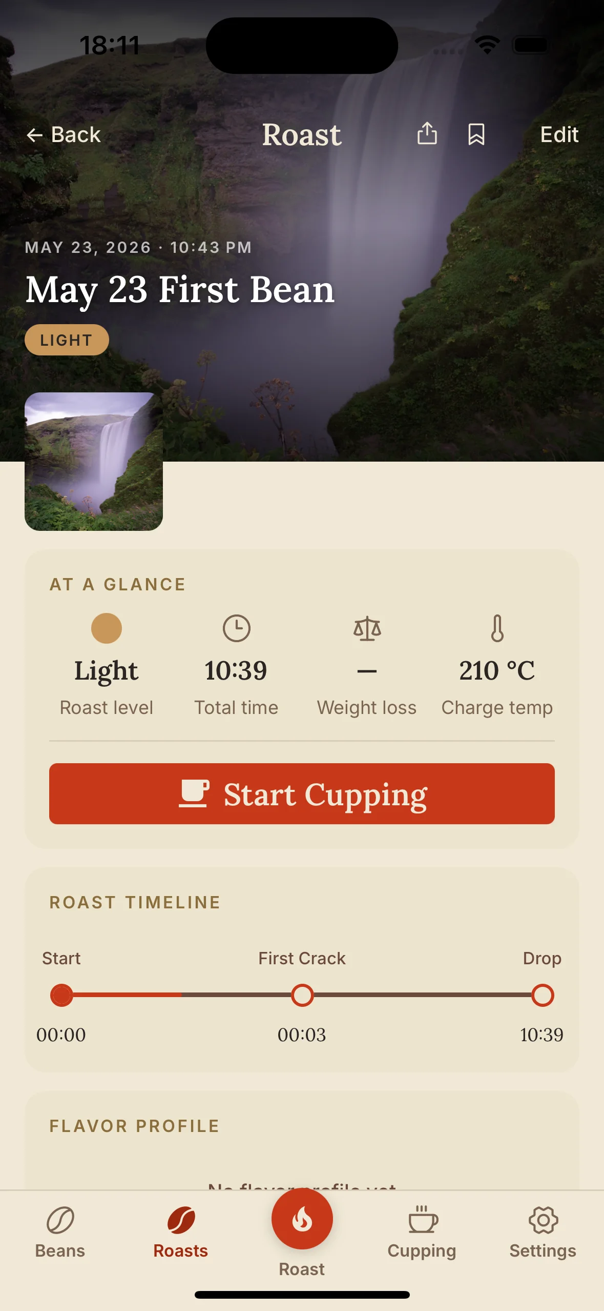 Roast journal entry showing session details, event log, and tasting notes