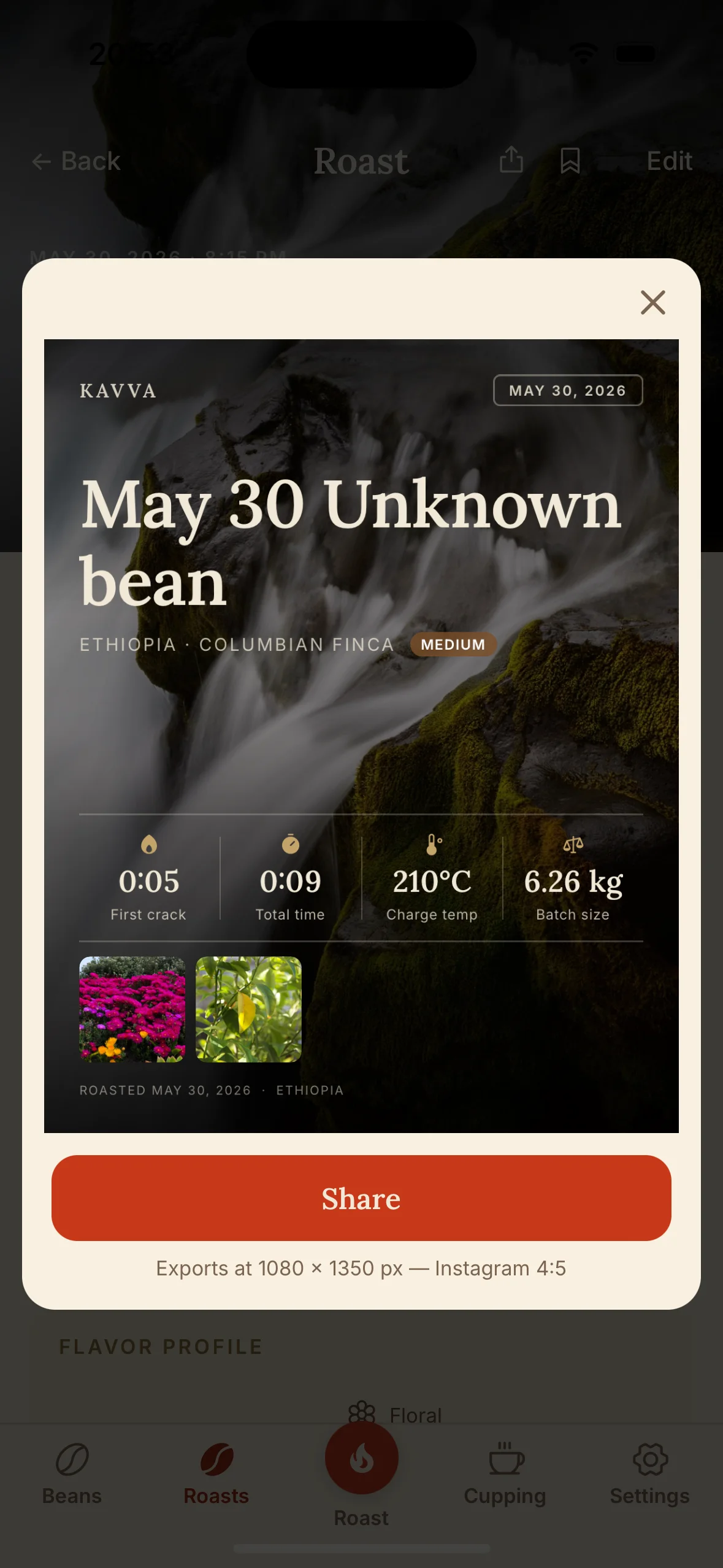 Share card showing roast statistics, flavor profile, and photos ready to post
